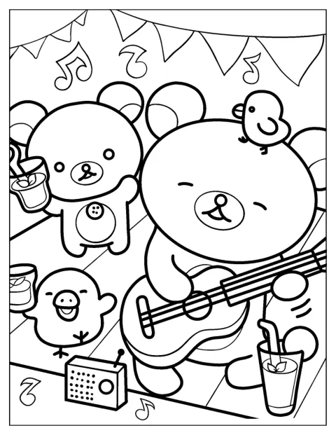 Rilakkuma toca la guitarra mientras Korilakkuma y Kiiroitori le escuchan.