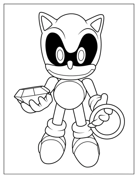 Sonic Exe egy Káosz Smaragdot és egy aranygyűrűt tart a kezében.