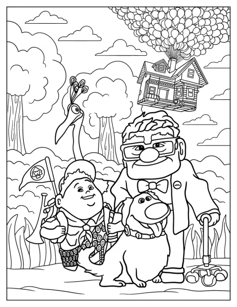 Carl, Russel, Dug en Kevin staan bij een huis dat hoog in de lucht zweeft.