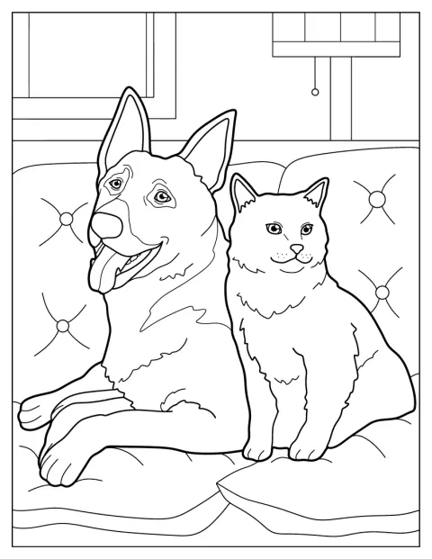 En schæferhund og en kat sidder sammen i en sofa.