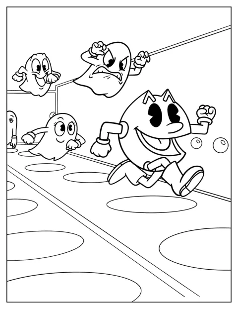 Sokkelossa Inky, Blinky, Pinky ja Clyde ajavat Pac-Mania takaa.