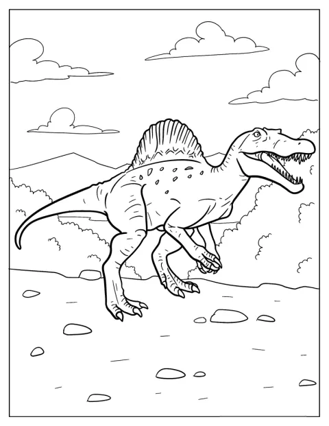 Un Spinosaurus stă în mijlocul unui peisaj montan.