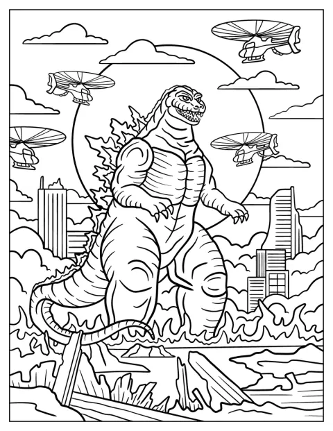 Über einer brennenden Stadtsilhouette wird Godzilla von Hubschraubern umkreist.