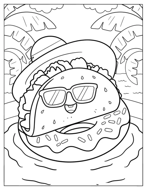 En taco flyder på en donutformet badering ved stranden.