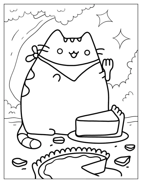 Pusheen genießt ein Stück Kuchen.