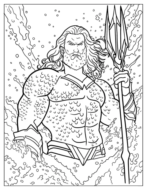 Aquaman holder sin trefork med vand i baggrunden.