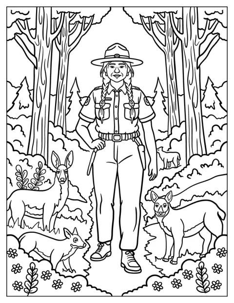 Ein indigener Parkranger steht im Wald zwischen wilden Tieren.