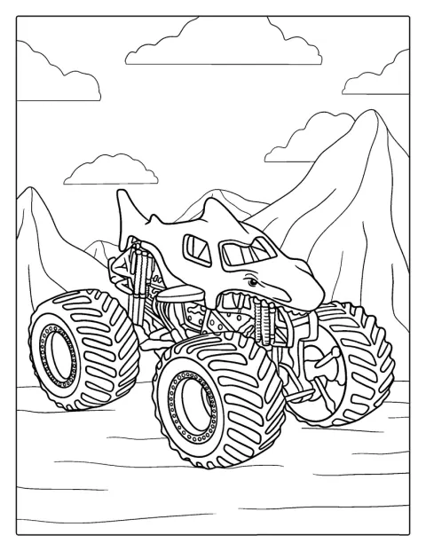 El monster truck Megalodon muestra sus enormes ruedas y su diseño de tiburón.