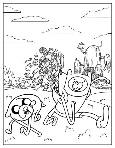 Finn og Jake løper bort fra noe i Adventure Time.
