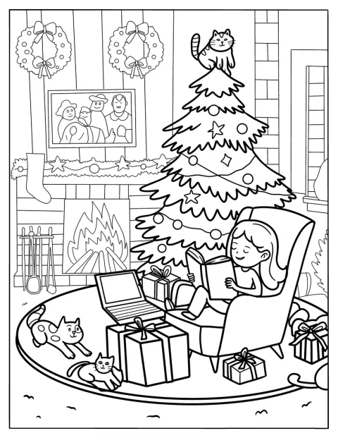 Neben einem geschmückten Weihnachtsbaum liest ein kleines Mädchen in einem gemütlichen Zimmer.