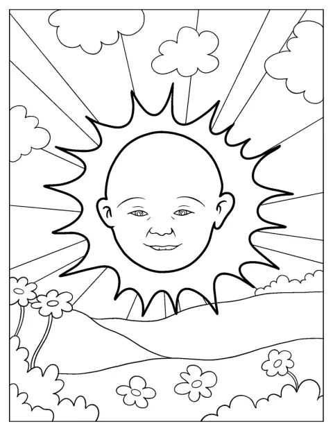 Il Sole dei Teletubbies, con il volto di un bebè, splende nel cielo.