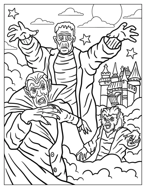 Frankenstein está acompanhado por um vampiro e um lobisomem.