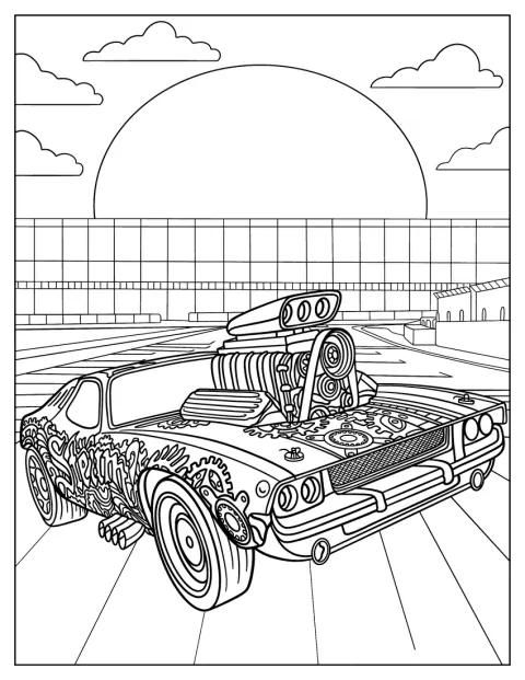リアルなデザインの車がレースコースに停まっています。