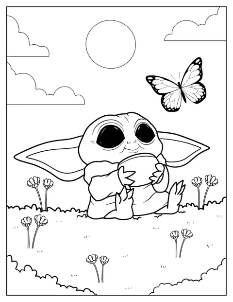 Un papillon attire le regard attendri de Baby Yoda.
