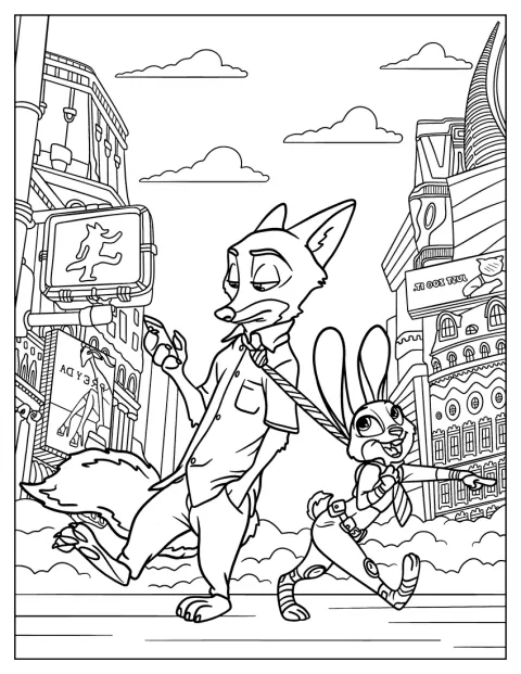 Judy Hopps entraîne Nick Wilde en le tirant par la cravate.