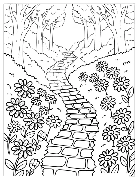 Ein Waldweg schlängelt sich zwischen Bäumen und Gänseblümchen hindurch.