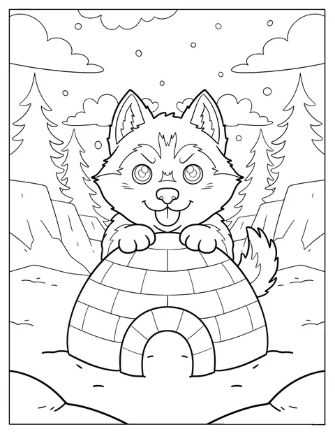 En Huskyvalp sitter ovanpå en igloo i ett snöigt landskap.