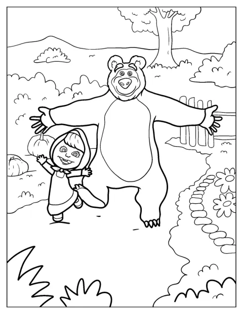 Masha y el Oso bajan corriendo por un sendero.