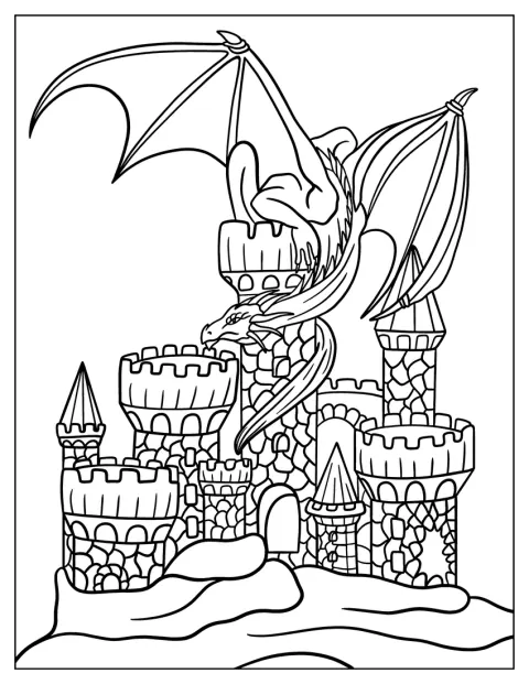 Un dragon se așază pe turnul unui castel medieval.