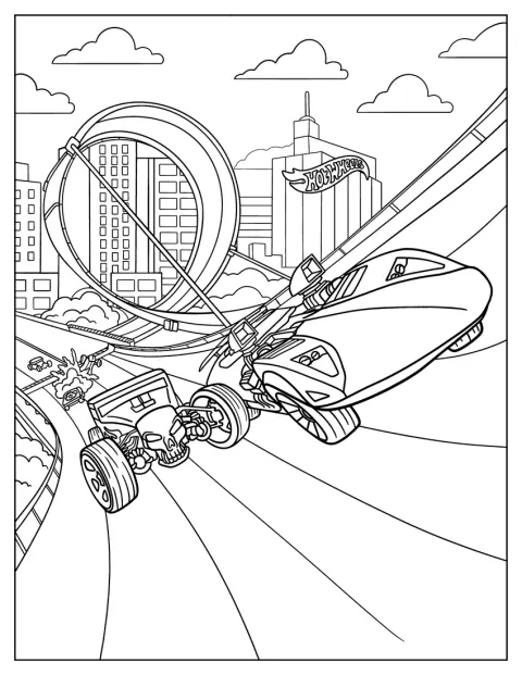 Een Hot Wheels-auto rijdt door een looping op een racebaan.