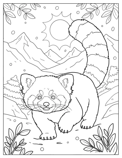 Un panda roux souriant marche sur un terrain montagneux.