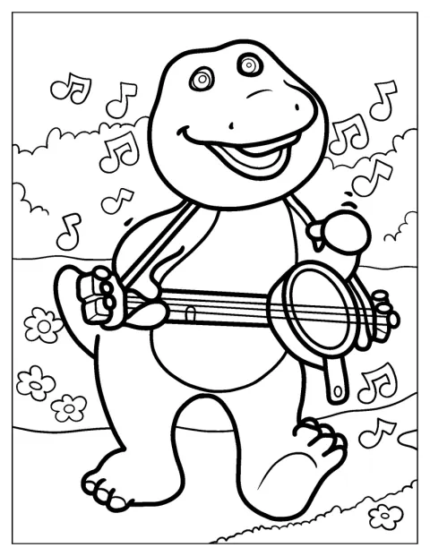 Barney śpiewa, akompaniując sobie na gitarze.
