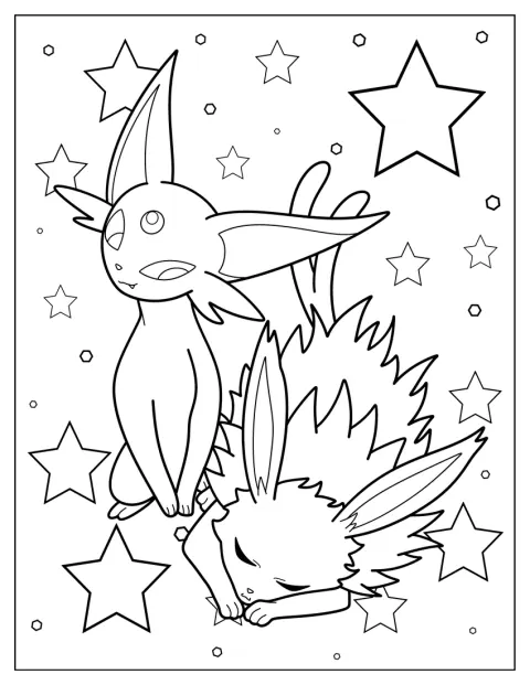 Espeon håller vakt bredvid Jolteon som sover lugnt.