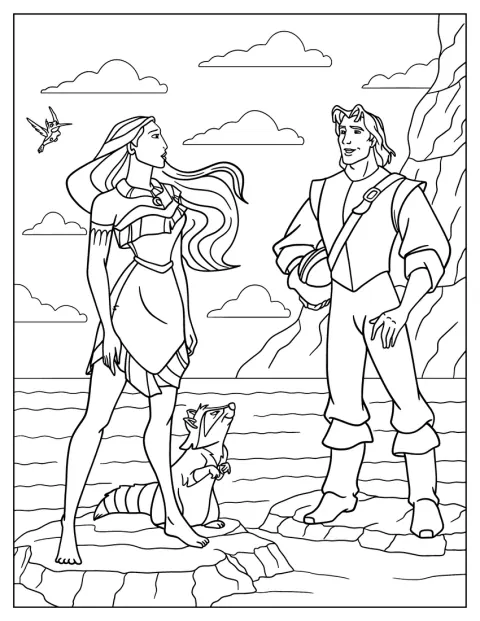 Pocahontas och John Smith står tillsammans.