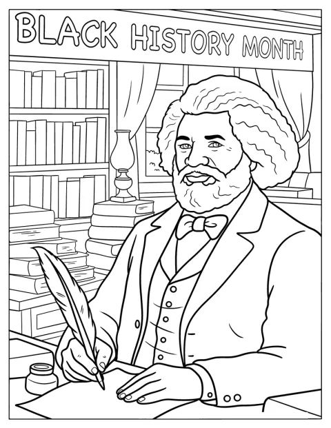 Frederick Douglas kirjoittaa tekstiä sulkakynällä pöydän ääressä.