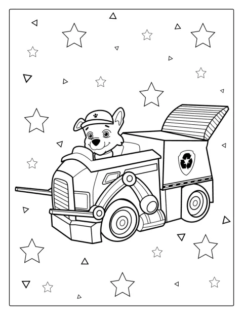 Junto a un camión de reciclaje, Rocky de PAW Patrol ayuda a cuidar el medioambiente.