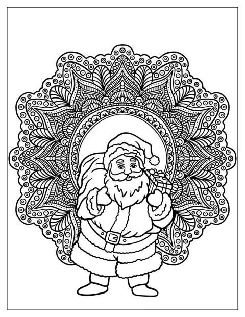 Babbo Natale è raffigurato davanti a un grande mandala di fiori.