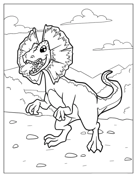 En Dilophosaurus visas i enkel kontur med sina dubbla huvudkammar.