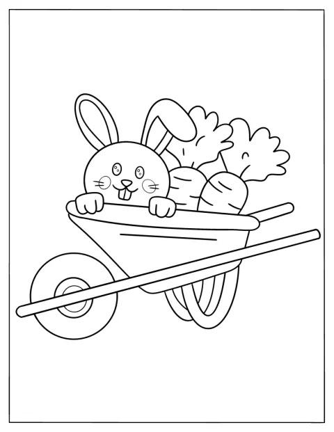 Ein Hase sitzt im Frühling mit Karotten in einer Schubkarre.
