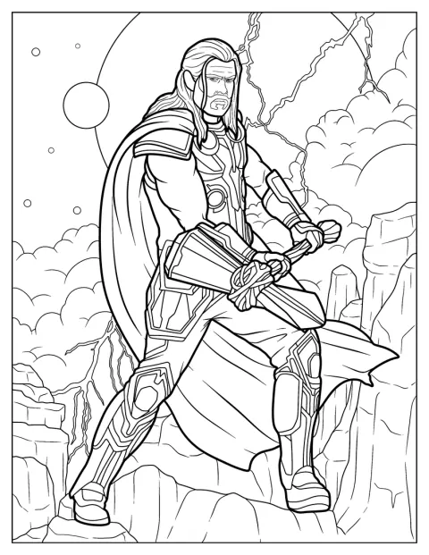Thor alza Stormbreaker con firmeza mientras se prepara para combatir.