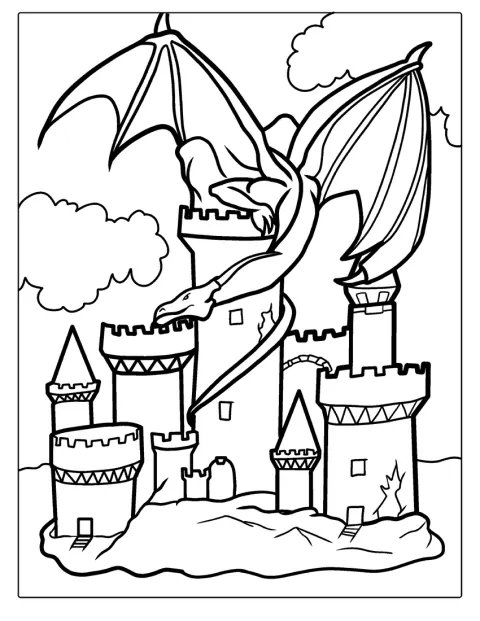 Middle Ages Castle Coloring Page With Dragon