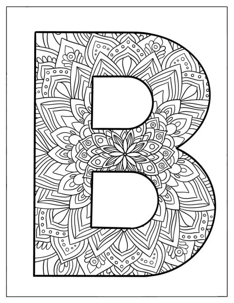 Padrões florais detalhados preenchem uma grande letra B em forma de mandala.