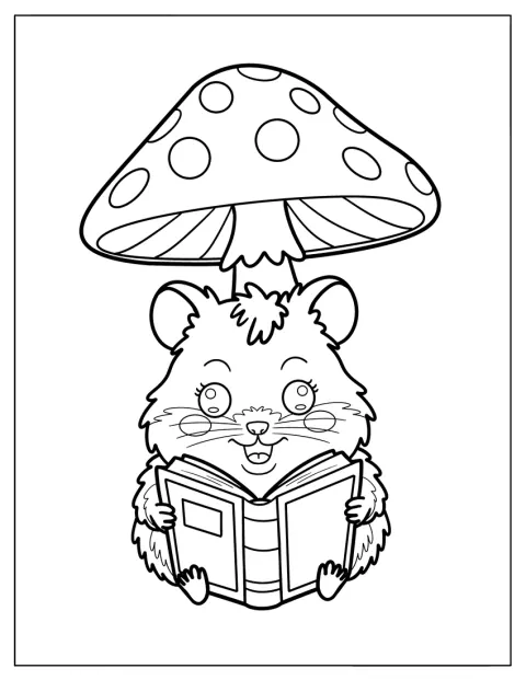 Sous un grand champignon, un hamster est plongé dans la lecture d’un livre.