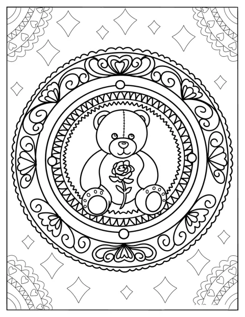 Teddy bear otoczony jest wzorem mandali i motywem róży.