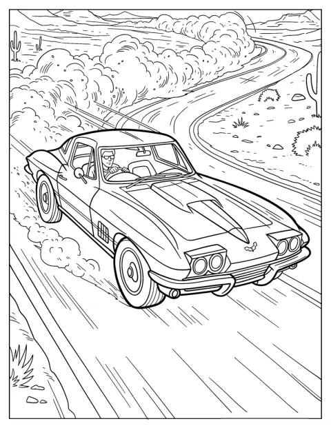 Un Corvette gonește pe un drum întins prin deșert.