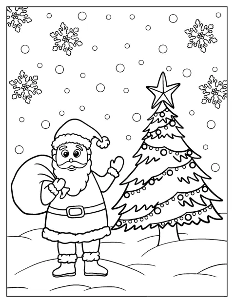 Santa hält neben einem geschmückten Weihnachtsbaum einen Sack voller Geschenke.
