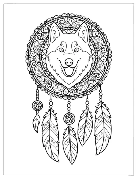 Al centro di un elaborato acchiappasogni floreale spicca il muso di un husky.