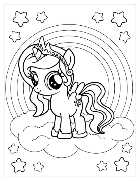 Princesse Celestia sourit devant un arc-en-ciel, dessinée dans un style chibi.