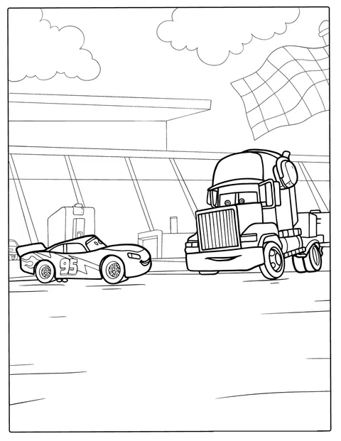 Lightning McQueen står ved siden av lastebilen Mack.