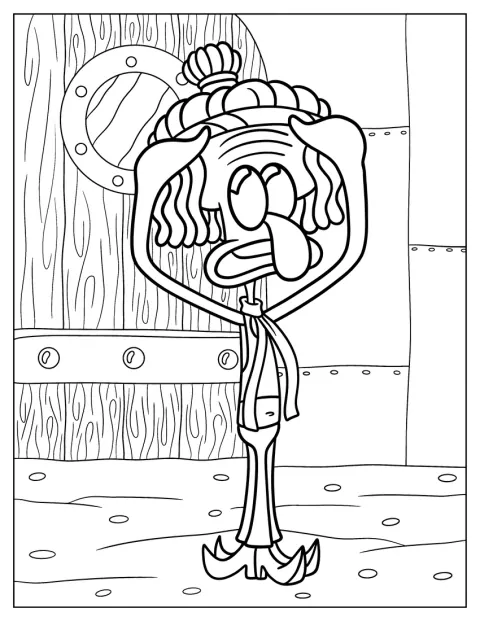 Squidward sovittaa peruukkia päähänsä.