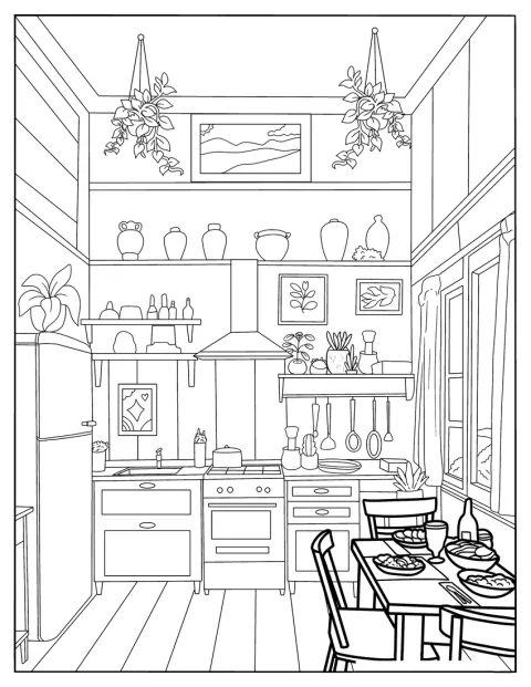 Plantas decoran una cocina vintage con mesa de comedor.