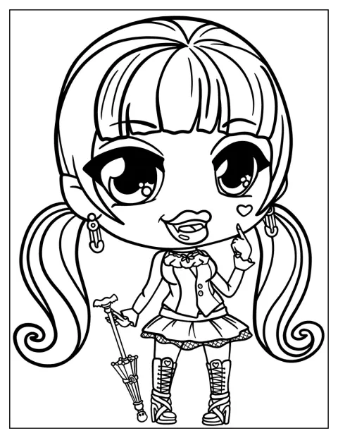 Chibi Draculaura drží hůlku a pózuje.