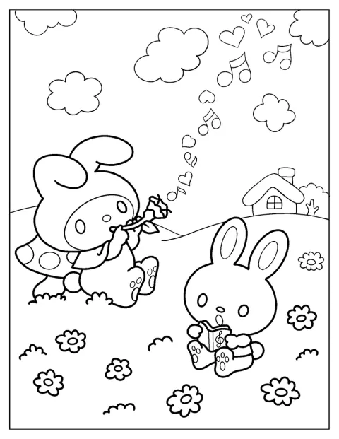 マイメロディが花の笛を吹き、リズムがそばで歌っています。