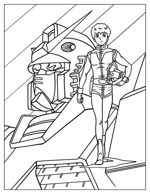 Amuro Ray posa ao lado de um Mobile Suit Gundam de linhas simples.