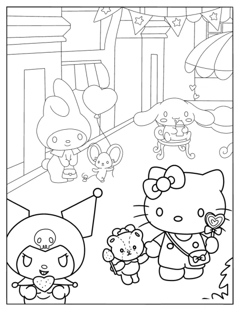 Hello Kitty, Kuromi, My Melody en andere Sanrio-vrienden staan samen.
