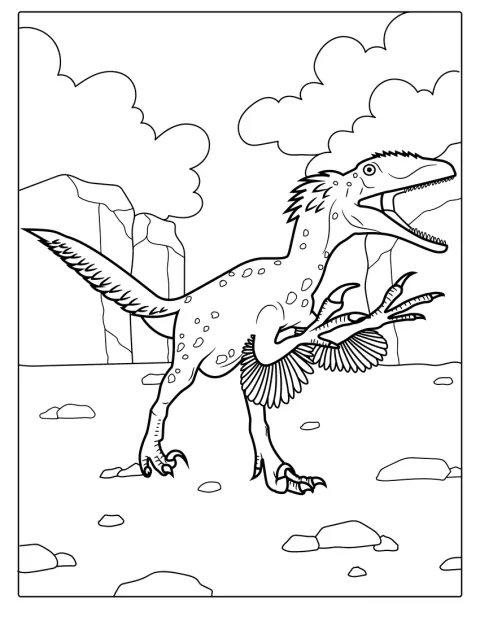 Egy tollas Velociraptor áll a képen.